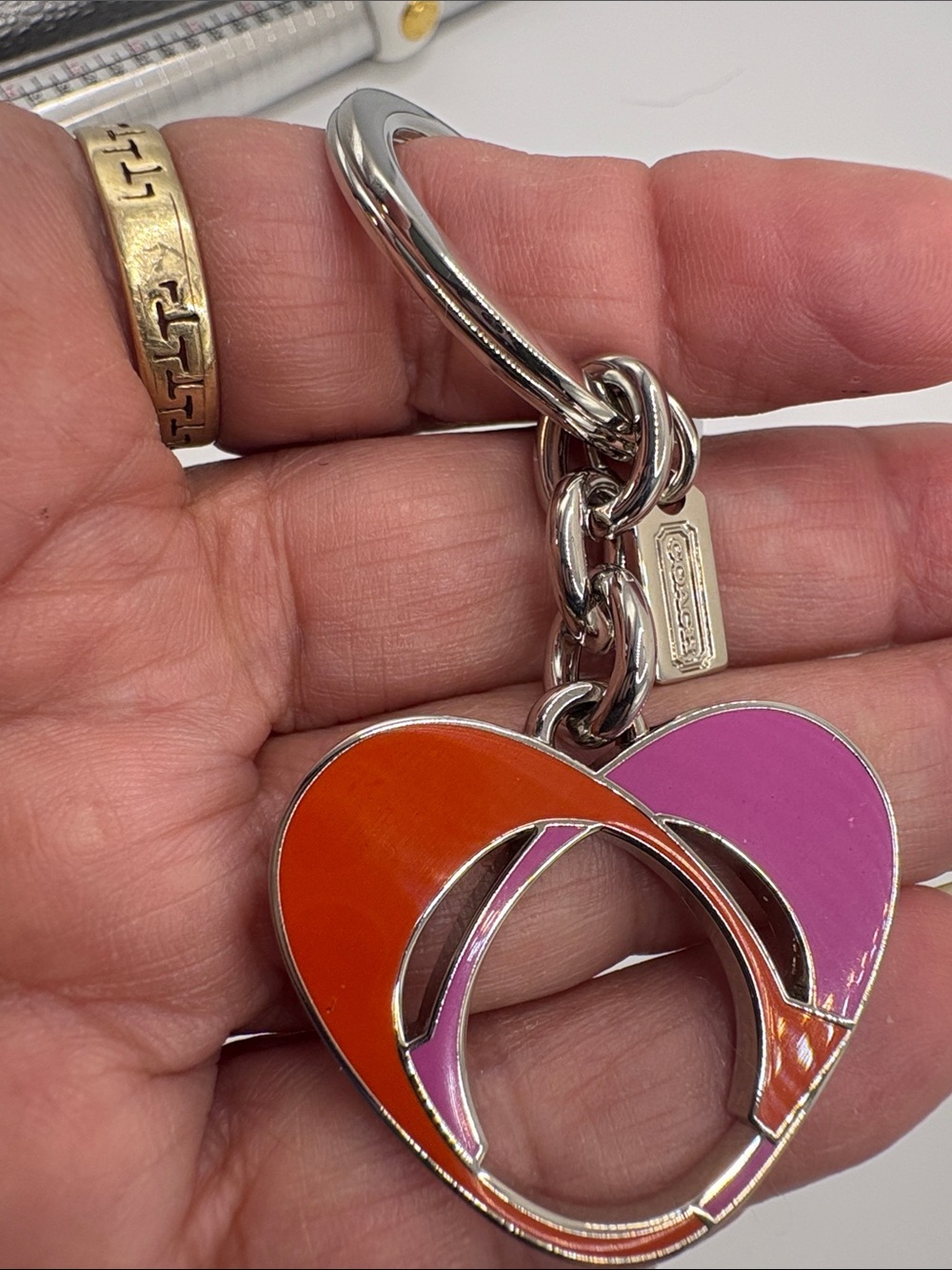 Coach Heart Keyring in Pink & Red with Silver Hardware